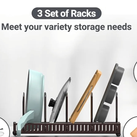 Puricon 15 Adjustable Dividers Pot Rack Pan Lid Organizer, 3 in 1 set Bronze H1 - Picture 3 of 7